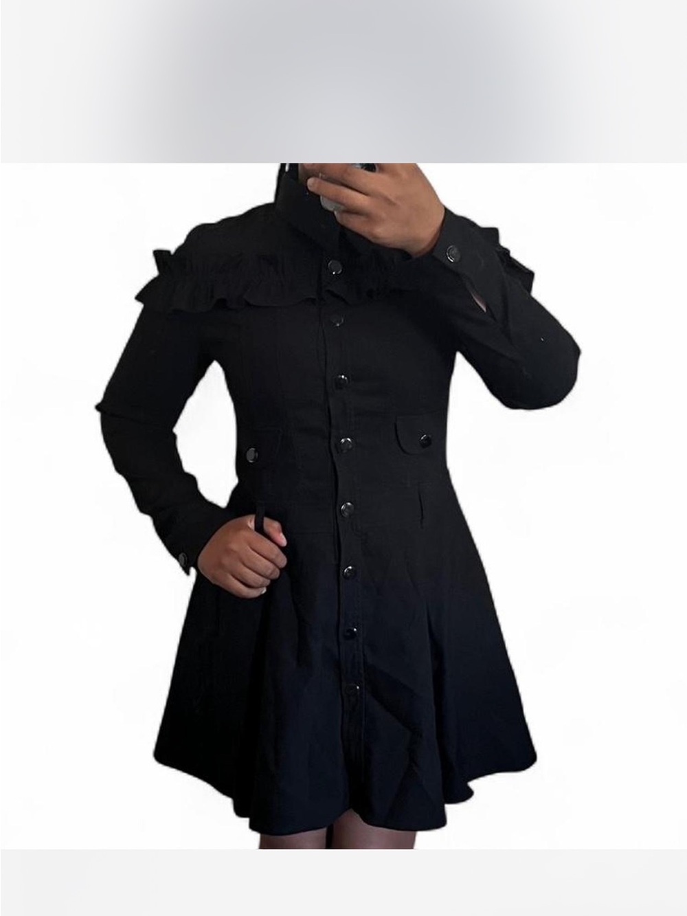 Black Ruffle Button-Front Peacoat - Picture 2 of 8